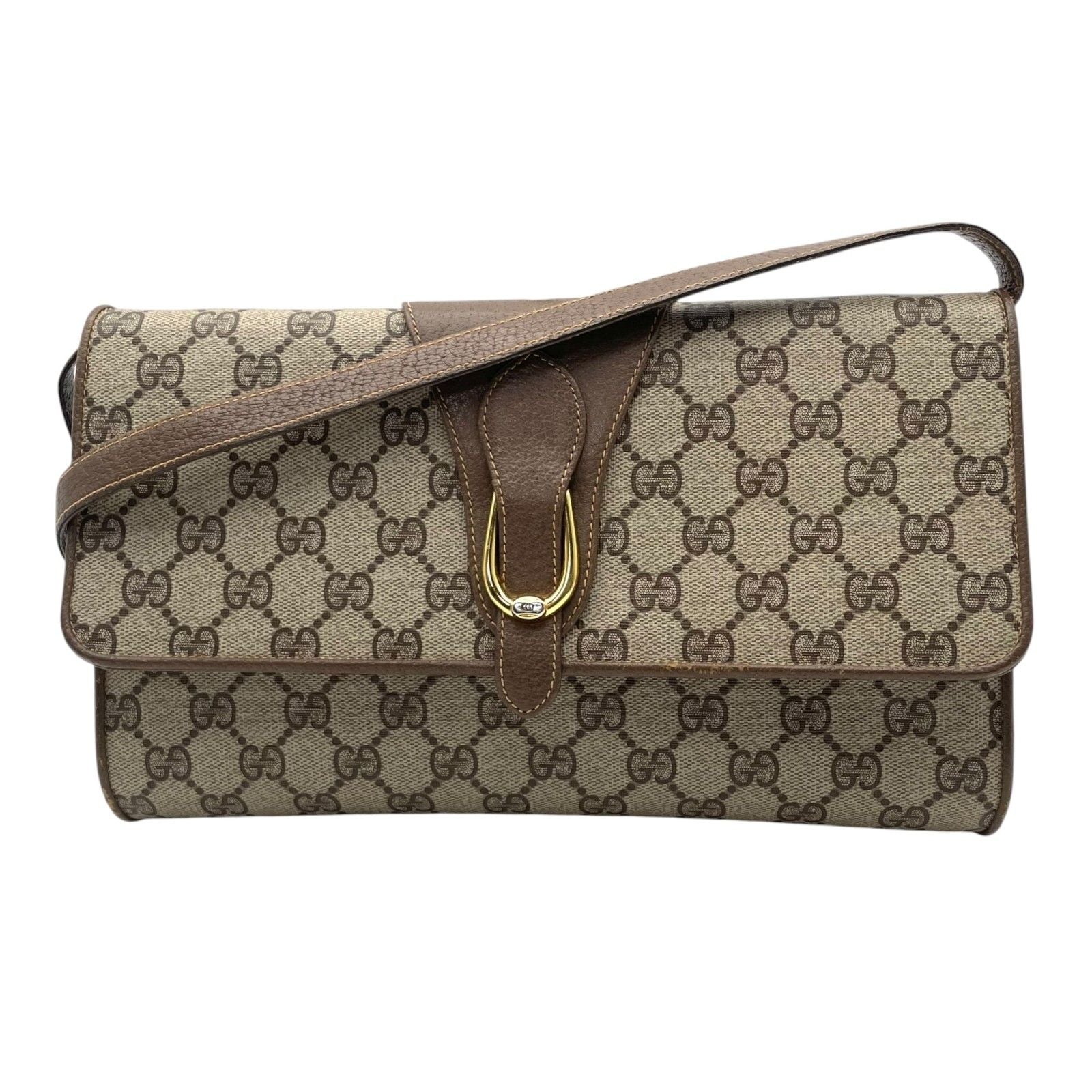 Gucci Shoulder Bag Crossbody Vintage GG Plus Leather Gray Brown Gold Simple — view 2