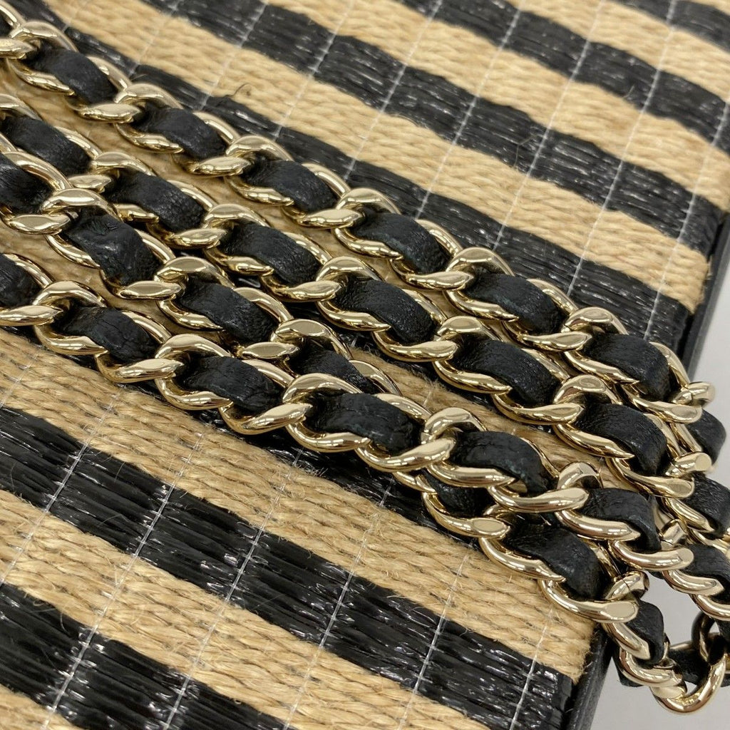Chanel Shoulder Bag Raffia Beige Black Champagne Gold — view 9