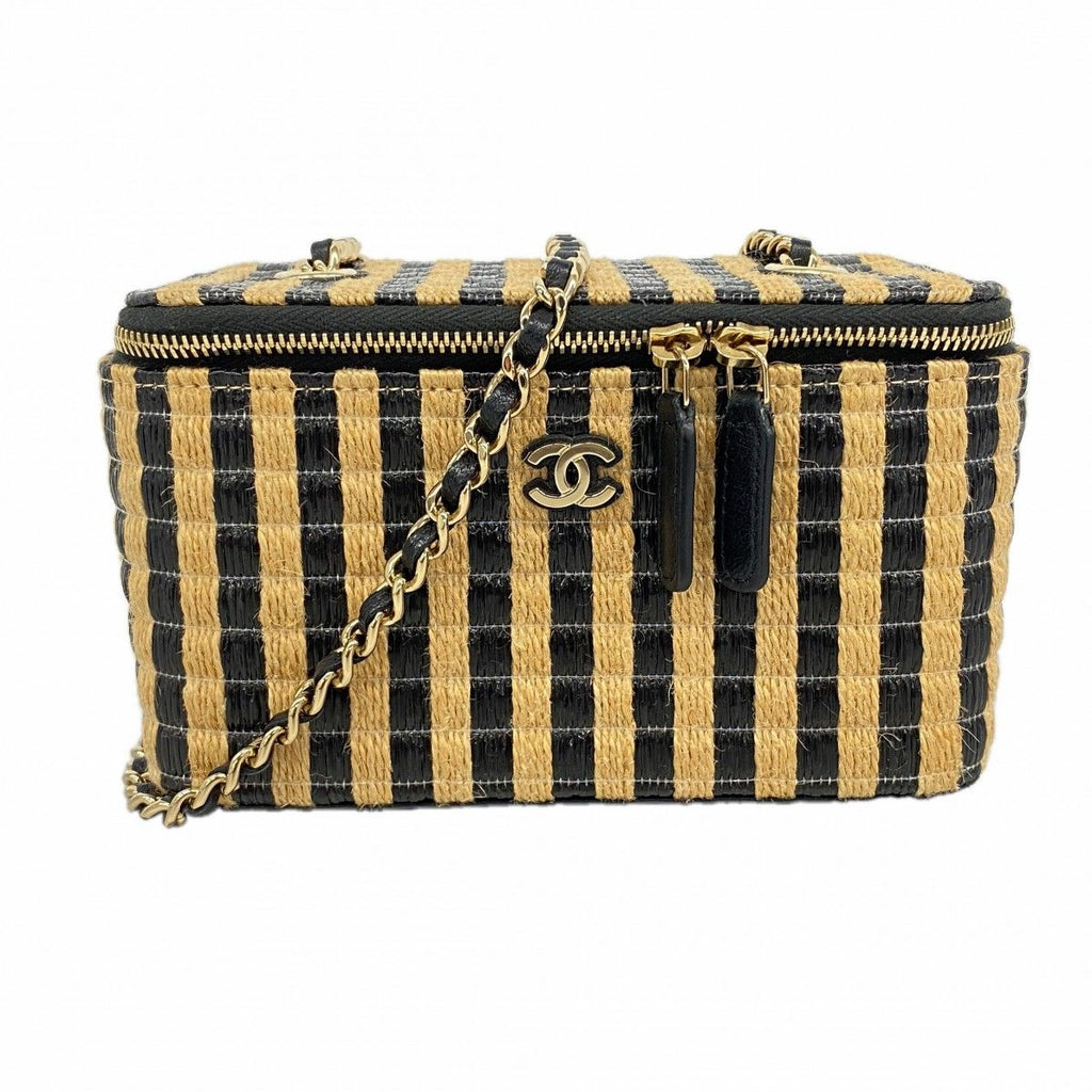 Chanel Shoulder Bag Raffia Beige Black Champagne Gold