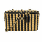 Chanel Shoulder Bag Raffia Beige Black Champagne Gold