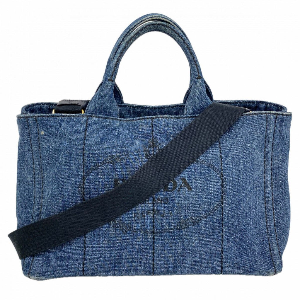 Prada Handbag Canapa Denim Navy Gold 2-Way