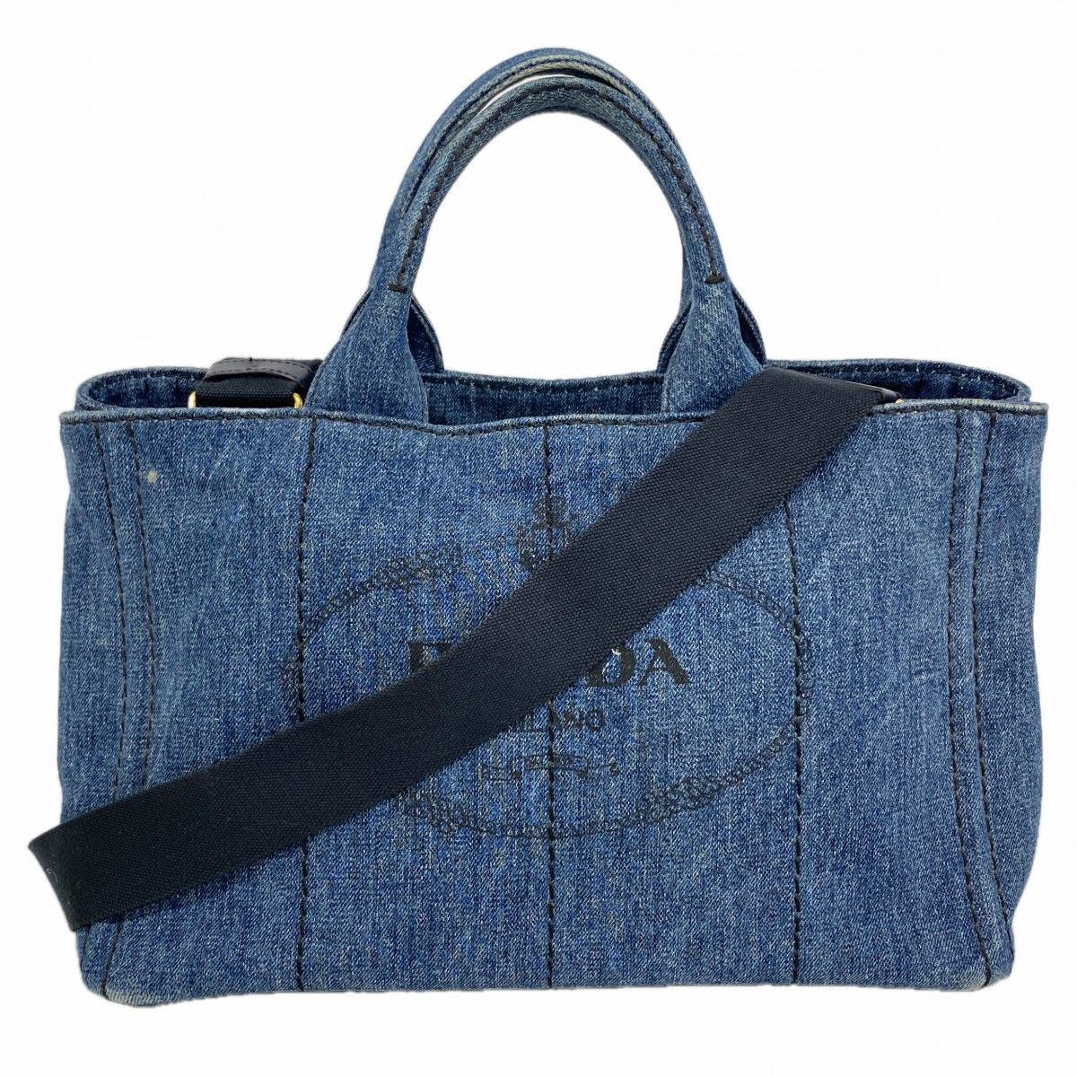Prada Handbag Canapa Denim Navy Gold 2-Way