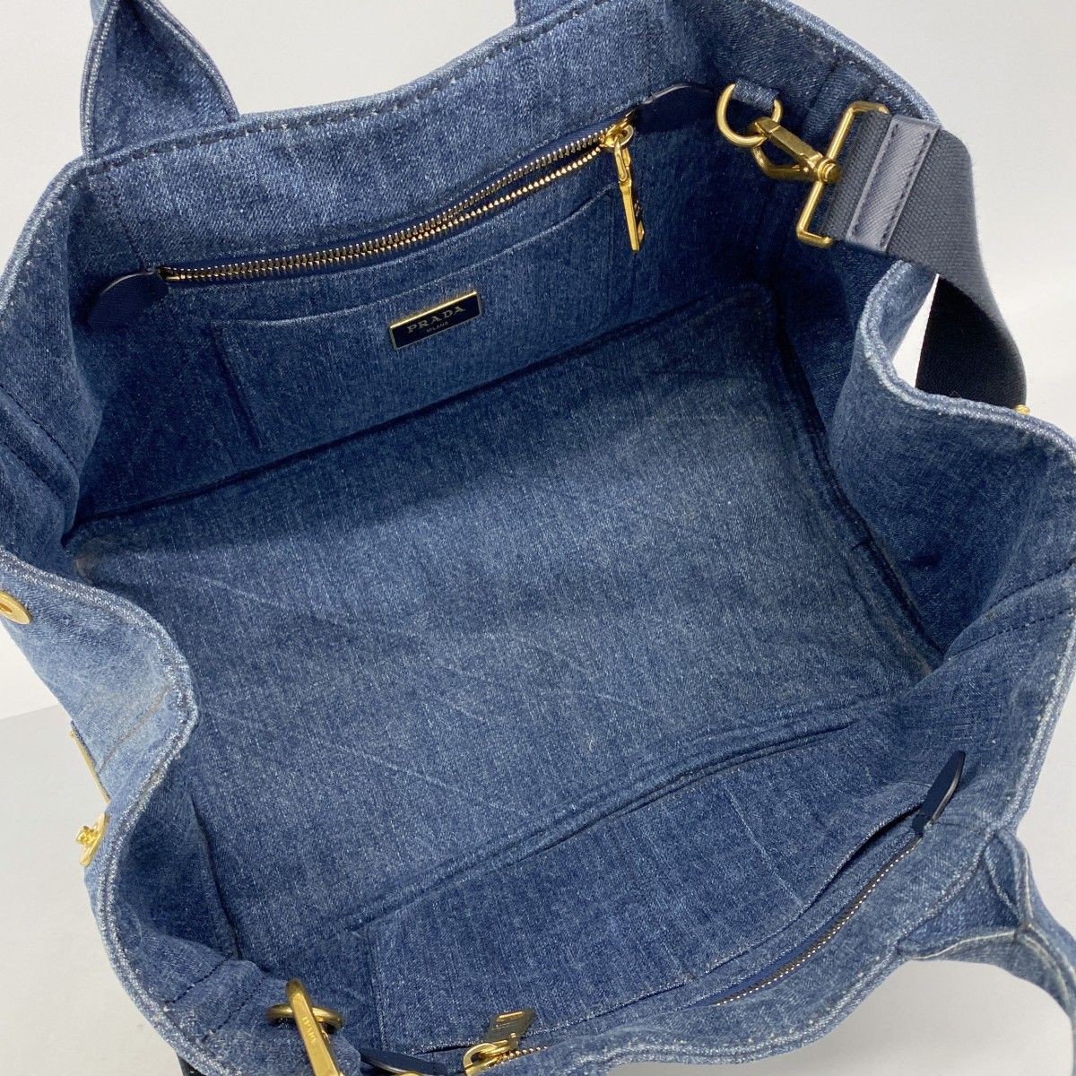 Prada Handbag Canapa Denim Navy Gold 2-Way — view 4