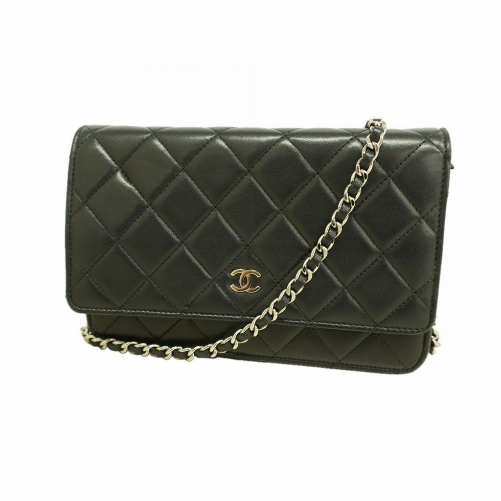 Chanel Shoulder Wallet Quilted Lambskin Black Silver