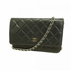 Chanel Shoulder Wallet Quilted Lambskin Black Silver