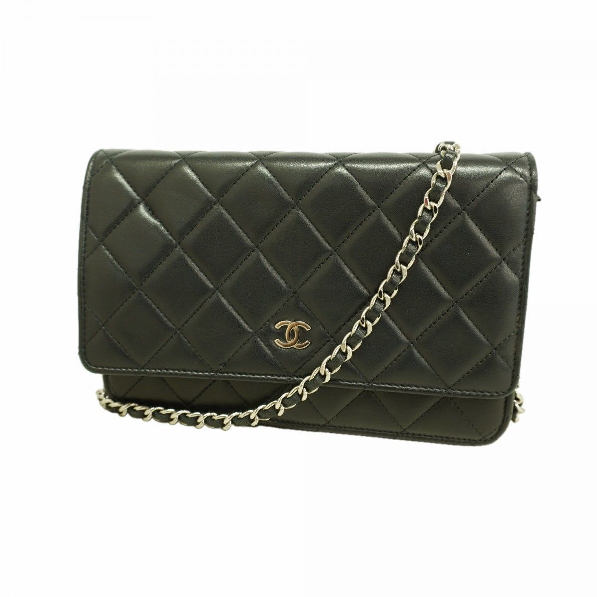 Chanel Shoulder Wallet Quilted Lambskin Black Silver