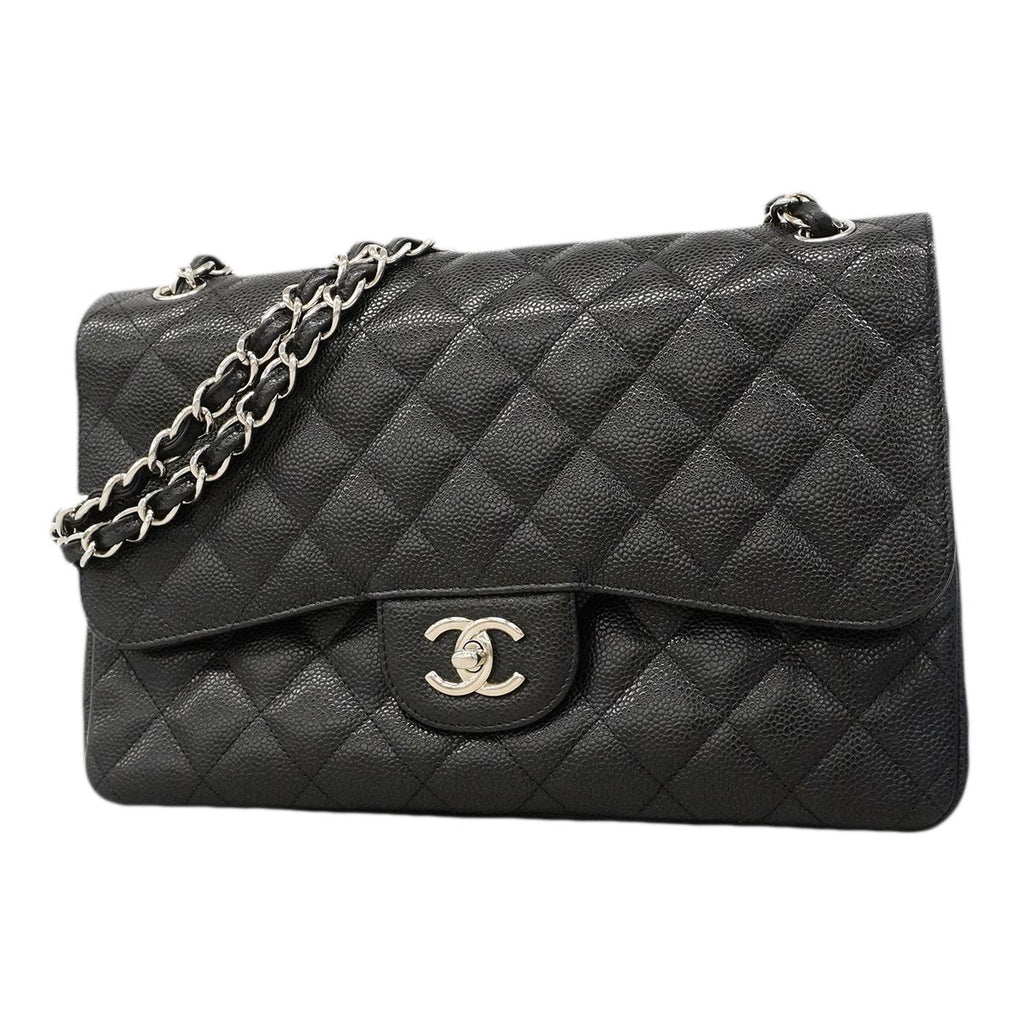 Chanel Shoulder Bag Maxi Quilted Caviar Leather Black Silver