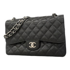 Chanel Shoulder Bag Maxi Quilted Caviar Leather Black Silver