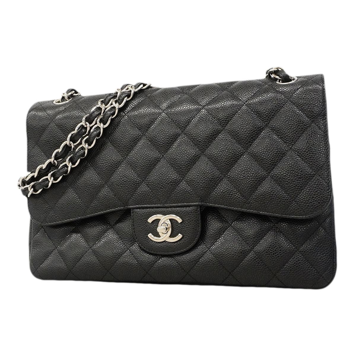 Chanel Shoulder Bag Maxi Quilted Caviar Leather Black Silver