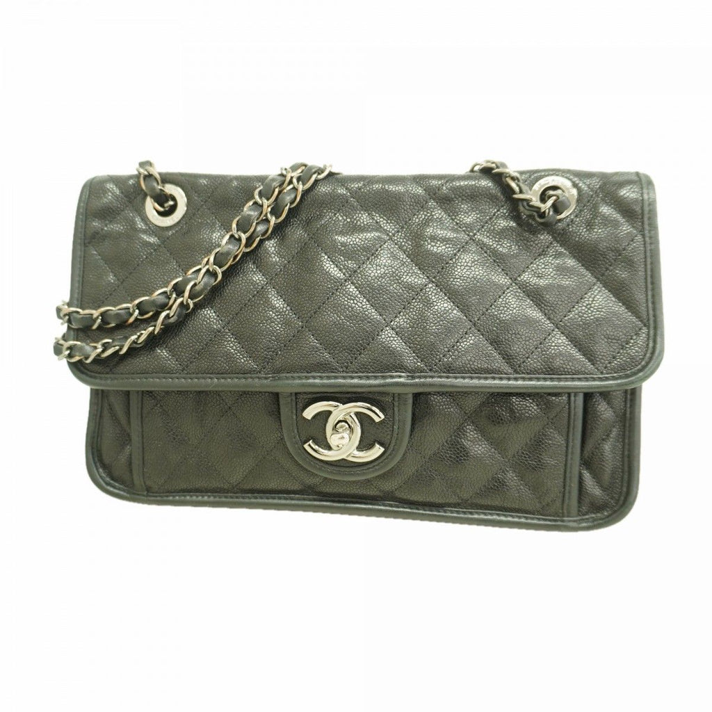 Chanel Shoulder Bag Quilted Caviar Leather Black Silver
