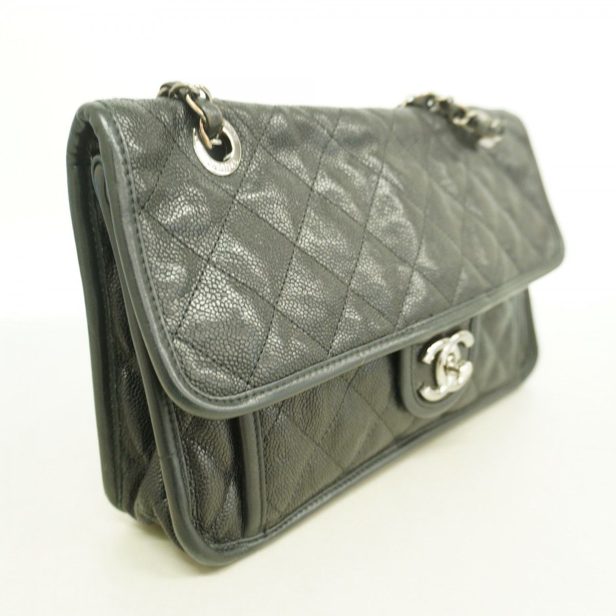 Chanel Shoulder Bag Quilted Caviar Leather Black Silver — view 2