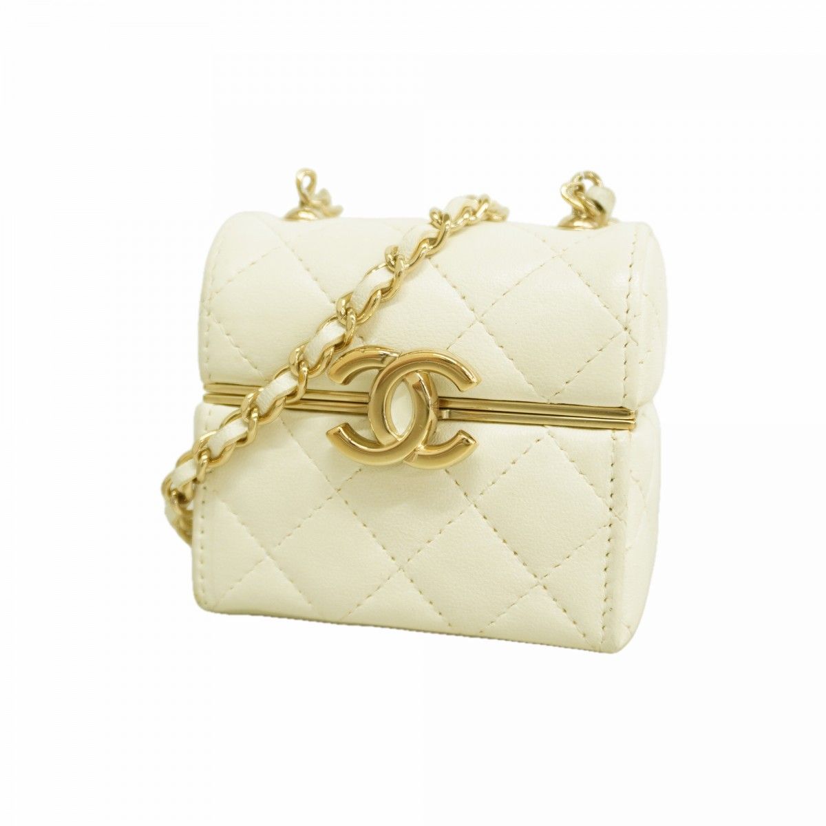 Chanel Airpods Case Quilted Lambskin White Champagne Gold Shoulder