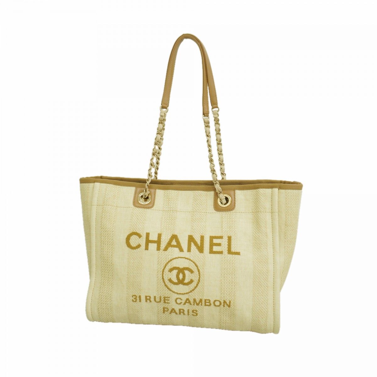 Chanel Chain Tote Deauville Straw Beige Champagne Gold