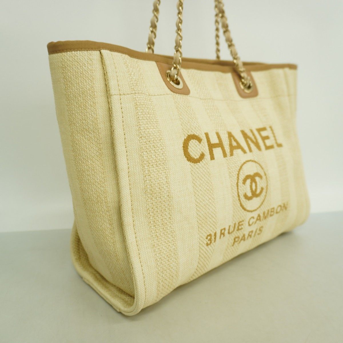 Chanel Chain Tote Deauville Straw Beige Champagne Gold — view 2