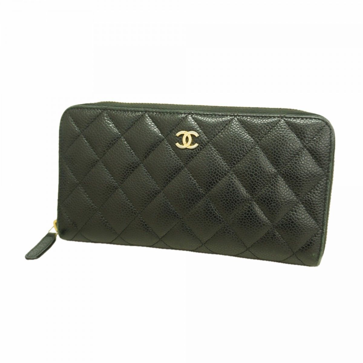 Chanel Wallet Quilted Caviar Leather Black Gold