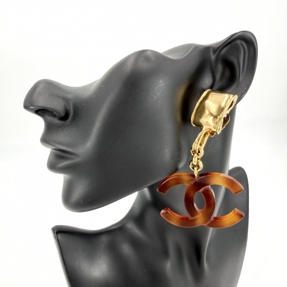 Chanel Earrings CC Logo Coco Swing Plastic Gold Plated Brown — view 2
