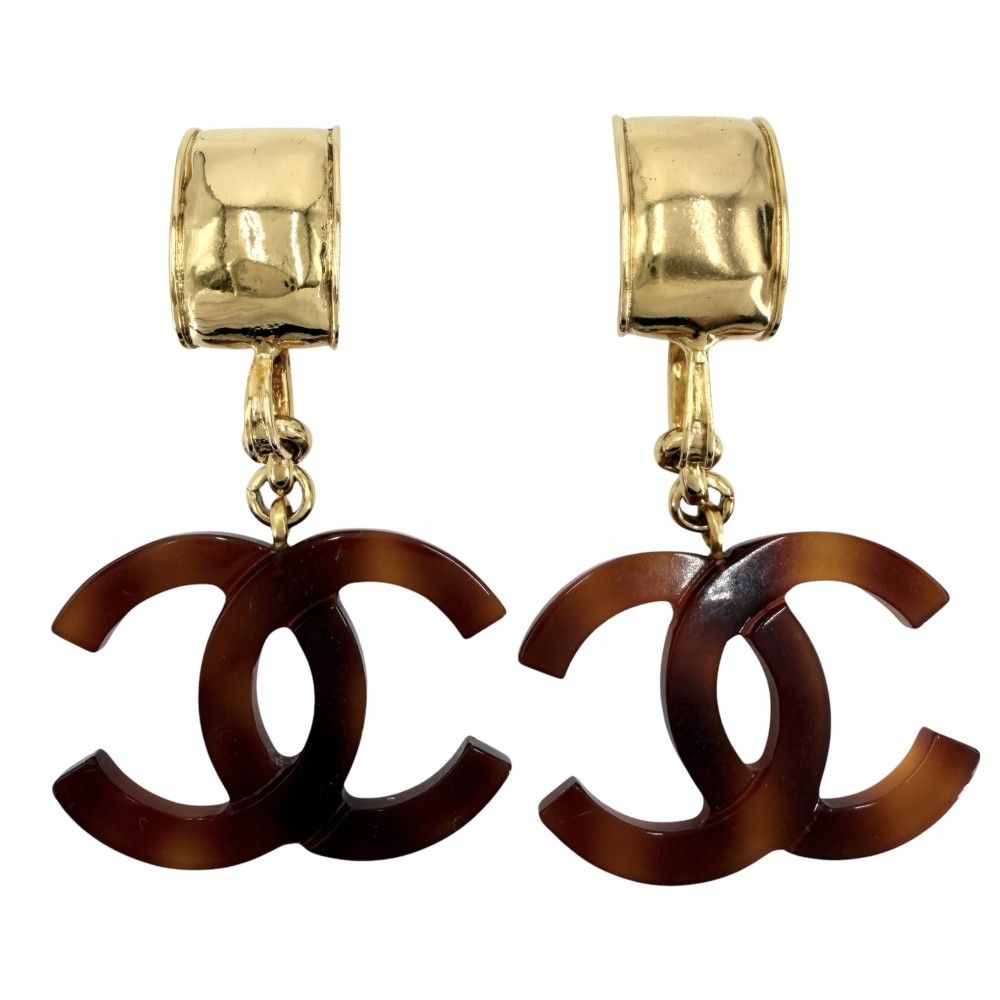 Chanel Earrings CC Logo Coco Swing Plastic Gold Plated Brown