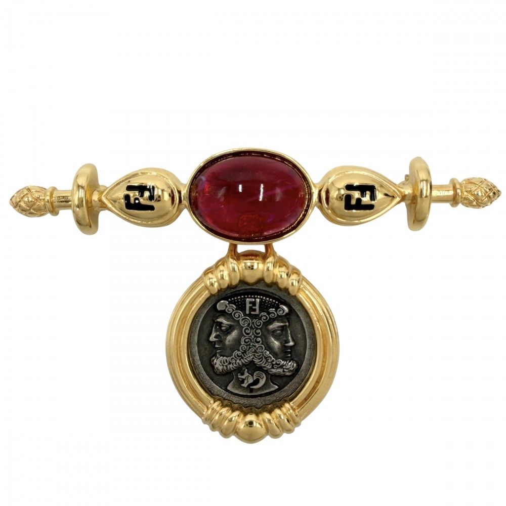 Fendi Brooch FF Color Stone Gold