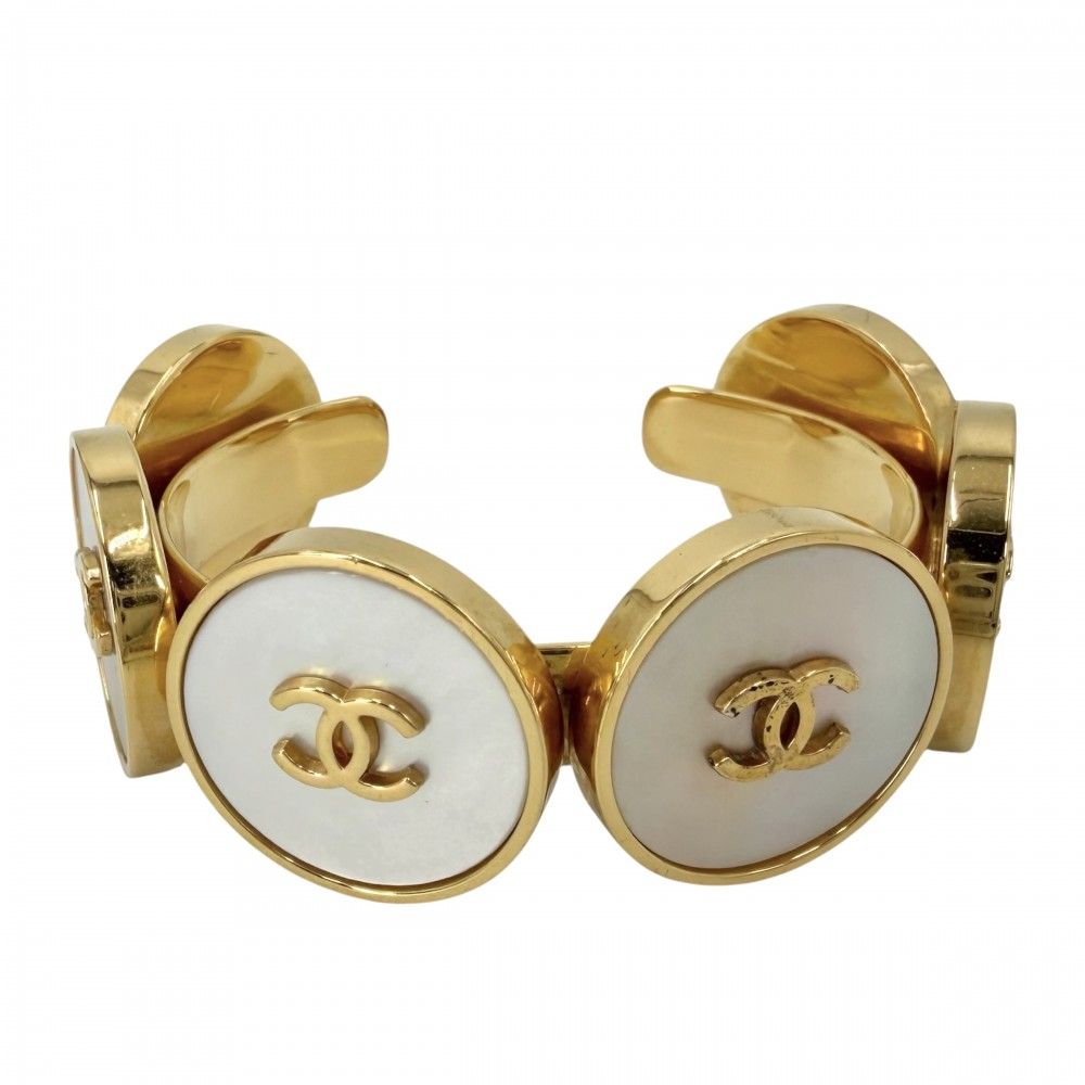 Chanel Bangle CC Logo Vintage Gold Plated White Bracelet