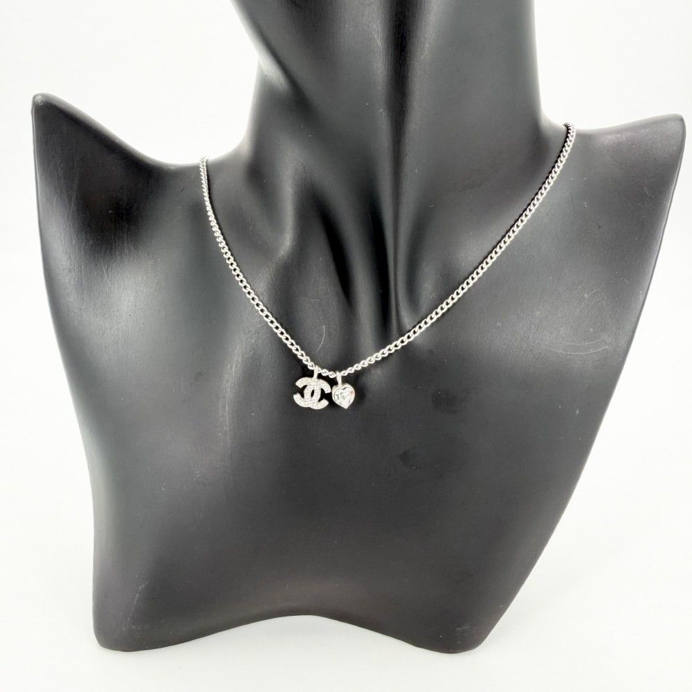 Chanel Necklace Heart CC Logo Rhinestone Silver — view 3