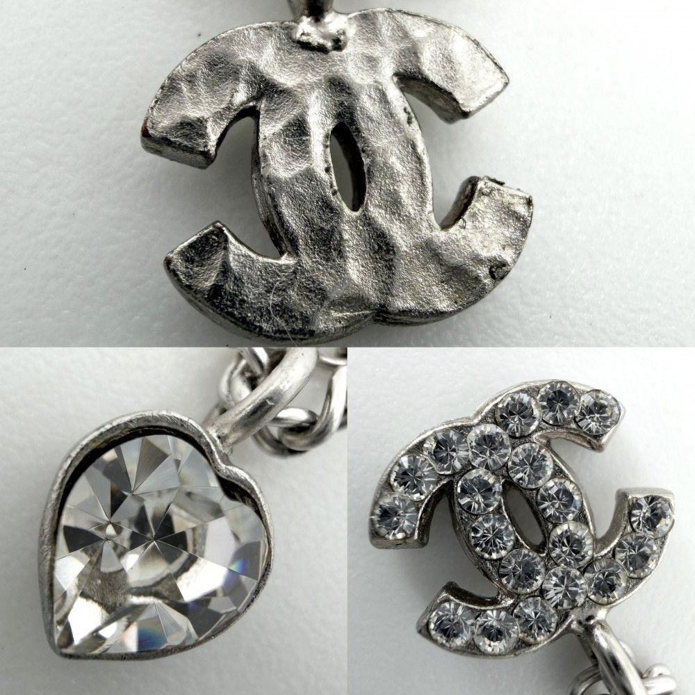 Chanel Necklace Heart CC Logo Rhinestone Silver — view 7