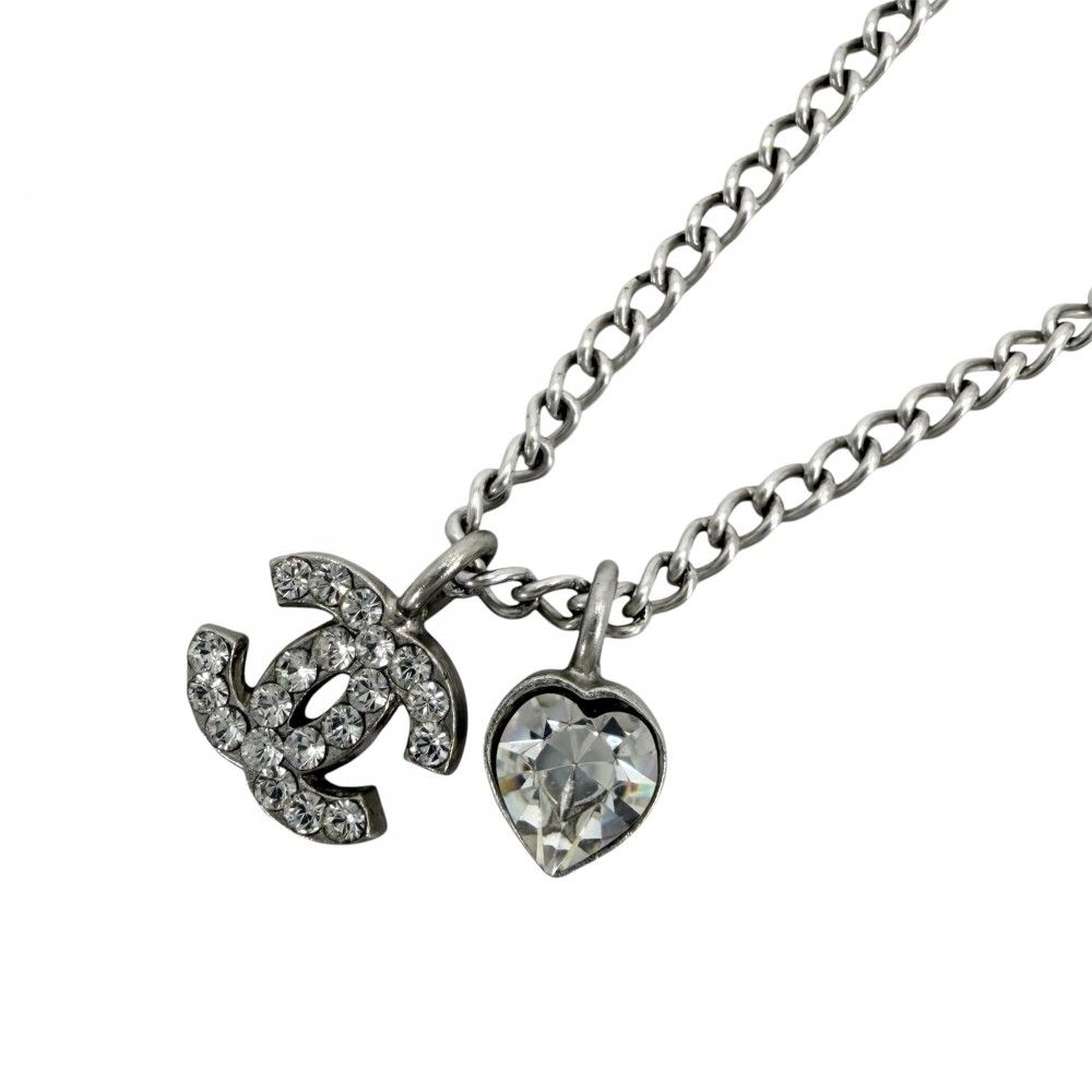 Chanel Necklace Heart CC Logo Rhinestone Silver