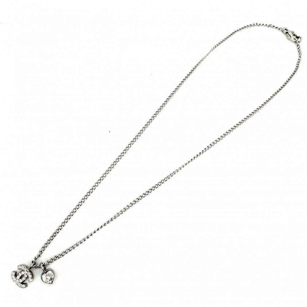 Chanel Necklace Heart CC Logo Rhinestone Silver — view 5