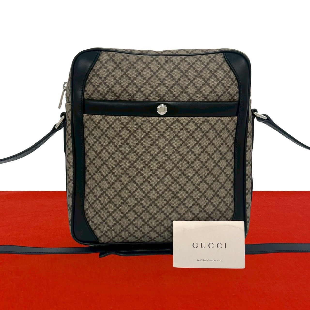 Gucci Diamante Leather Shoulder Bag Crossbody Pochette Cross Beige Black