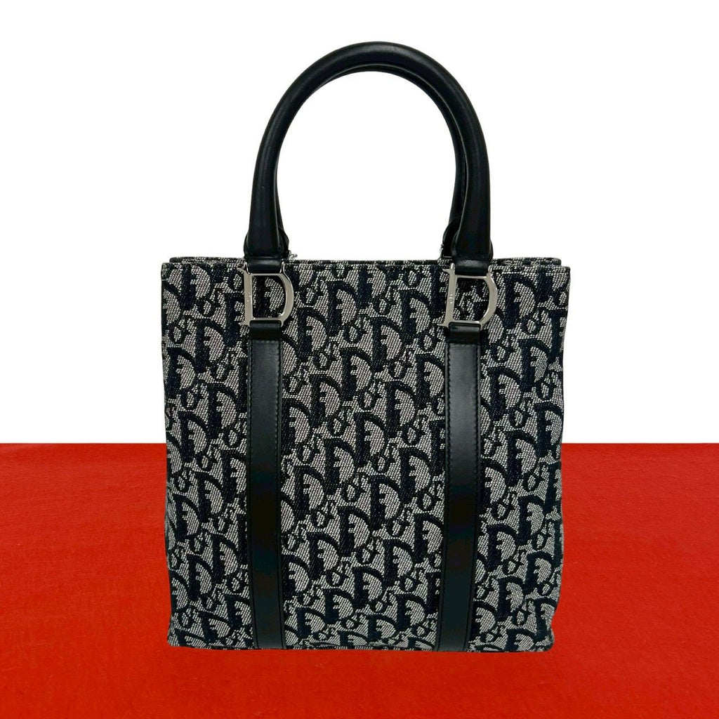 Dior Trotter Pattern Canvas Leather Handbag Mini Tote Black
