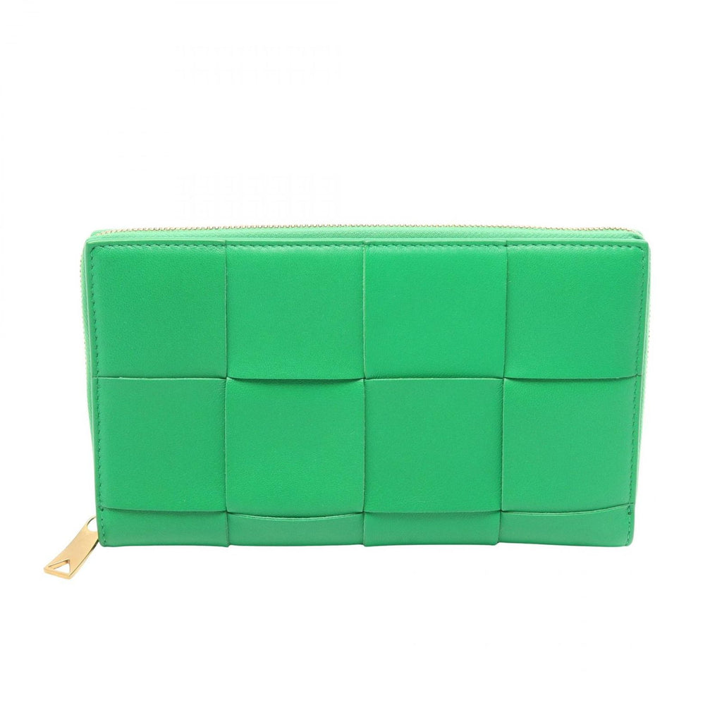 Bottega Veneta Round Wallet Zip Around Maxi Intrecciato Green Leather