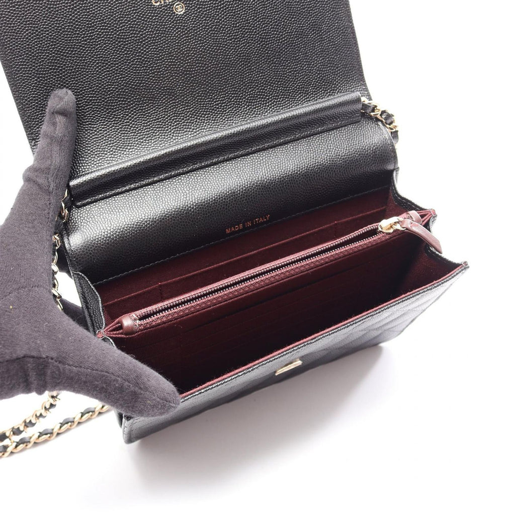Chanel Shoulder Bag Quilted Black Caviar Leather Chain Wallet