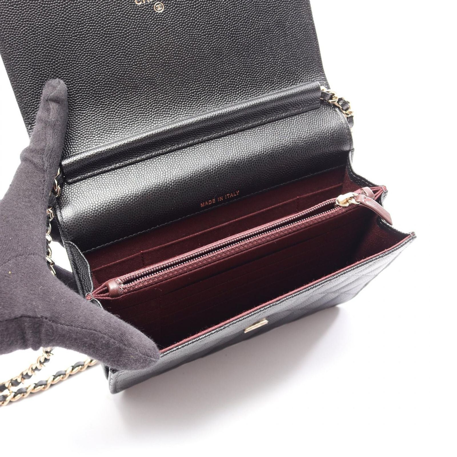 Chanel Shoulder Bag Quilted Black Caviar Leather Chain Wallet