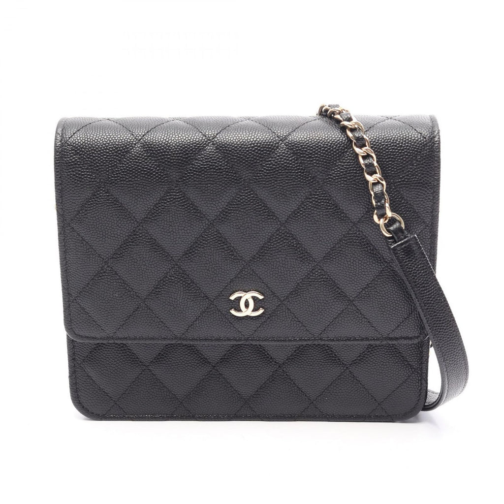 Chanel Shoulder Bag Quilted Black Caviar Leather Chain Wallet