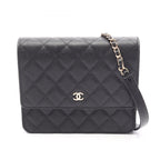 Chanel Shoulder Bag Quilted Black Caviar Leather Chain Wallet