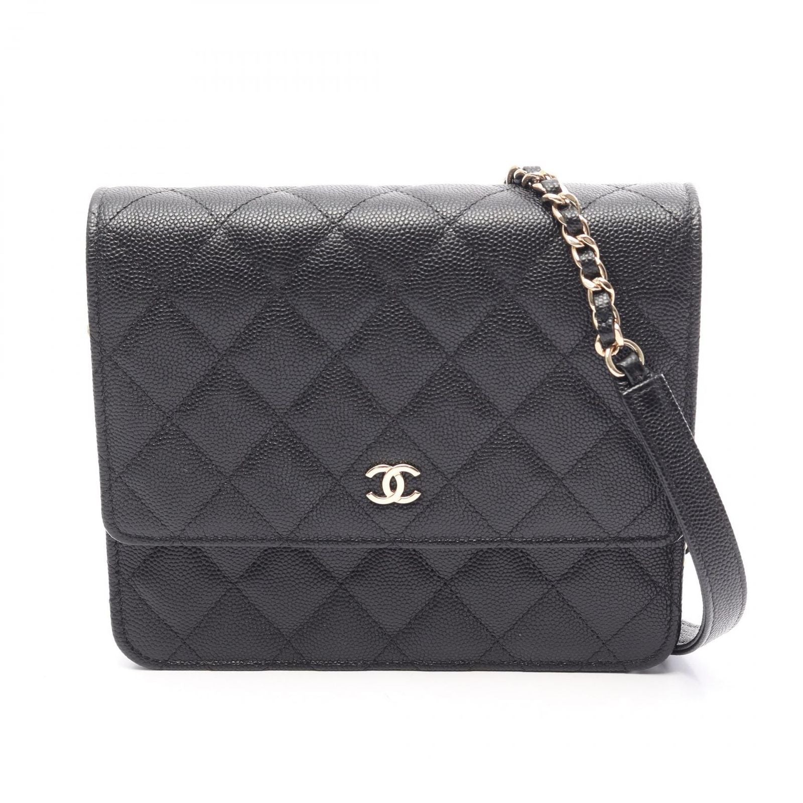 Chanel Shoulder Bag Quilted Black Caviar Leather Chain Wallet
