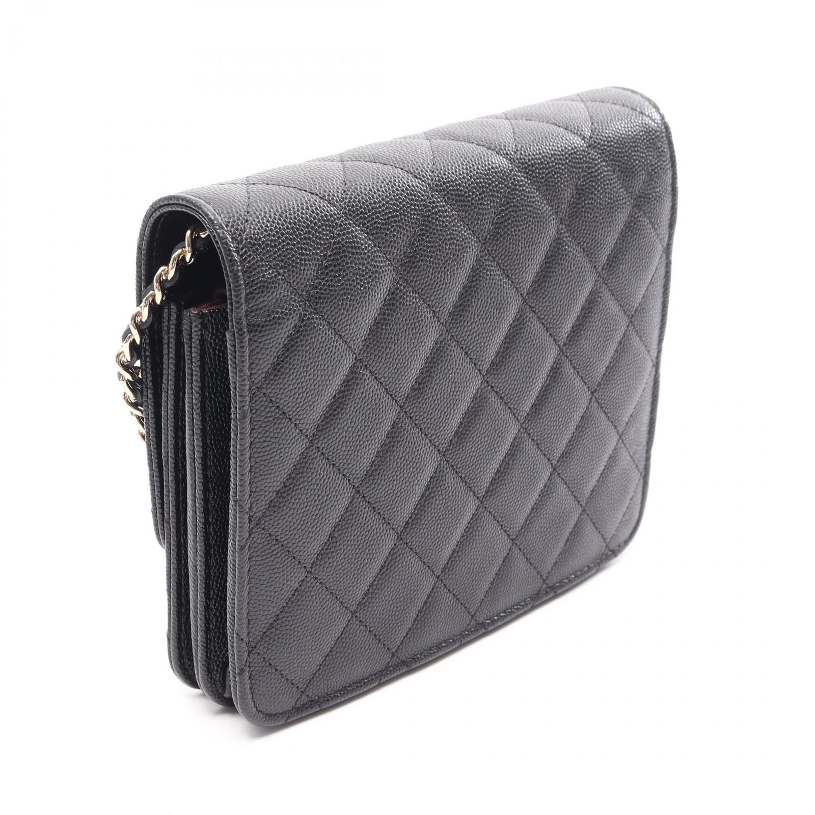 Chanel Shoulder Bag Quilted Black Caviar Leather Chain Wallet