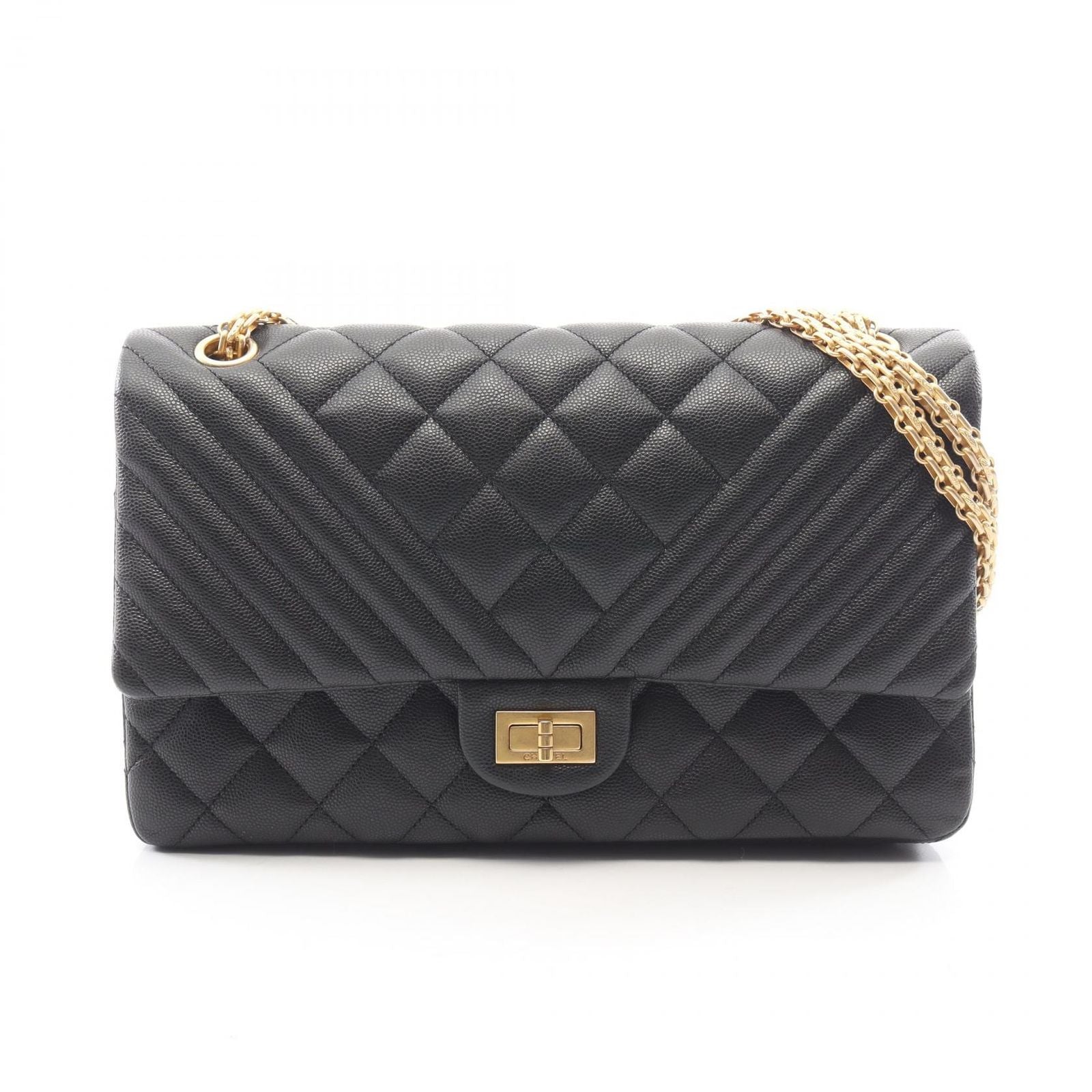 Chanel Shoulder Bag 2.55 Quilted Stitch Double Flap Black Caviar Leather Chain