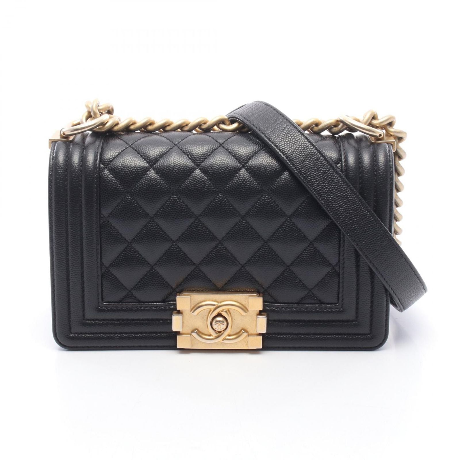Chanel Shoulder Bag Boy Small Black Caviar Leather Chain