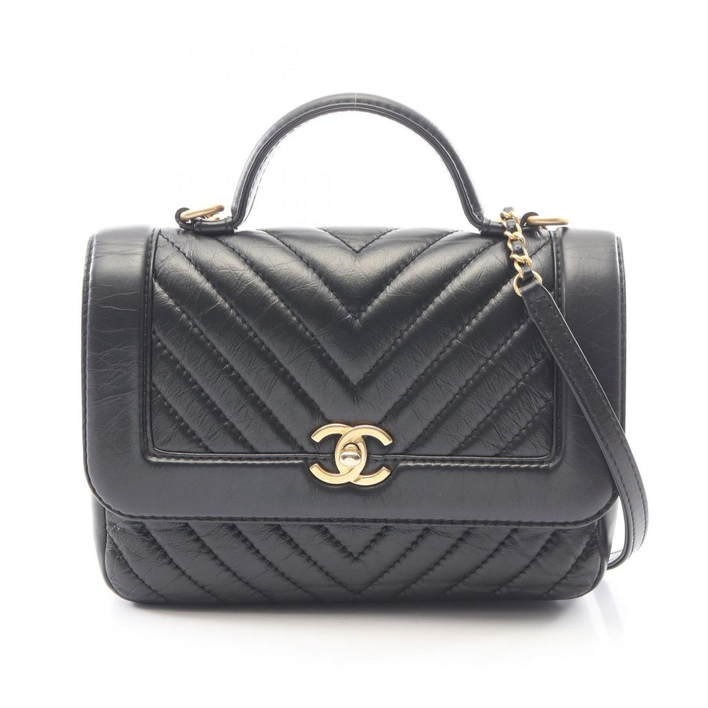 Chanel Shoulder Bag Mademoiselle Stitch Top Handle 2-Way Black Leather Chain
