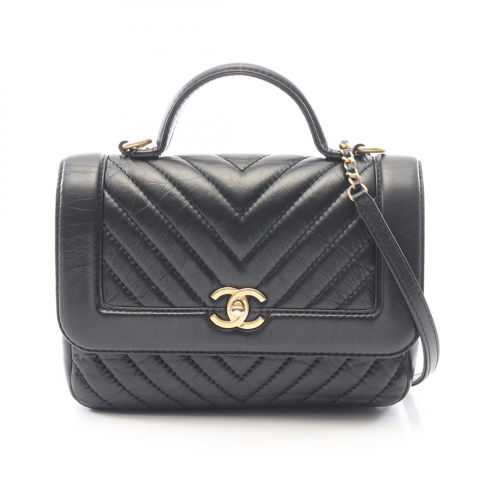 Chanel Shoulder Bag Mademoiselle Stitch Top Handle 2-Way Black Leather Chain