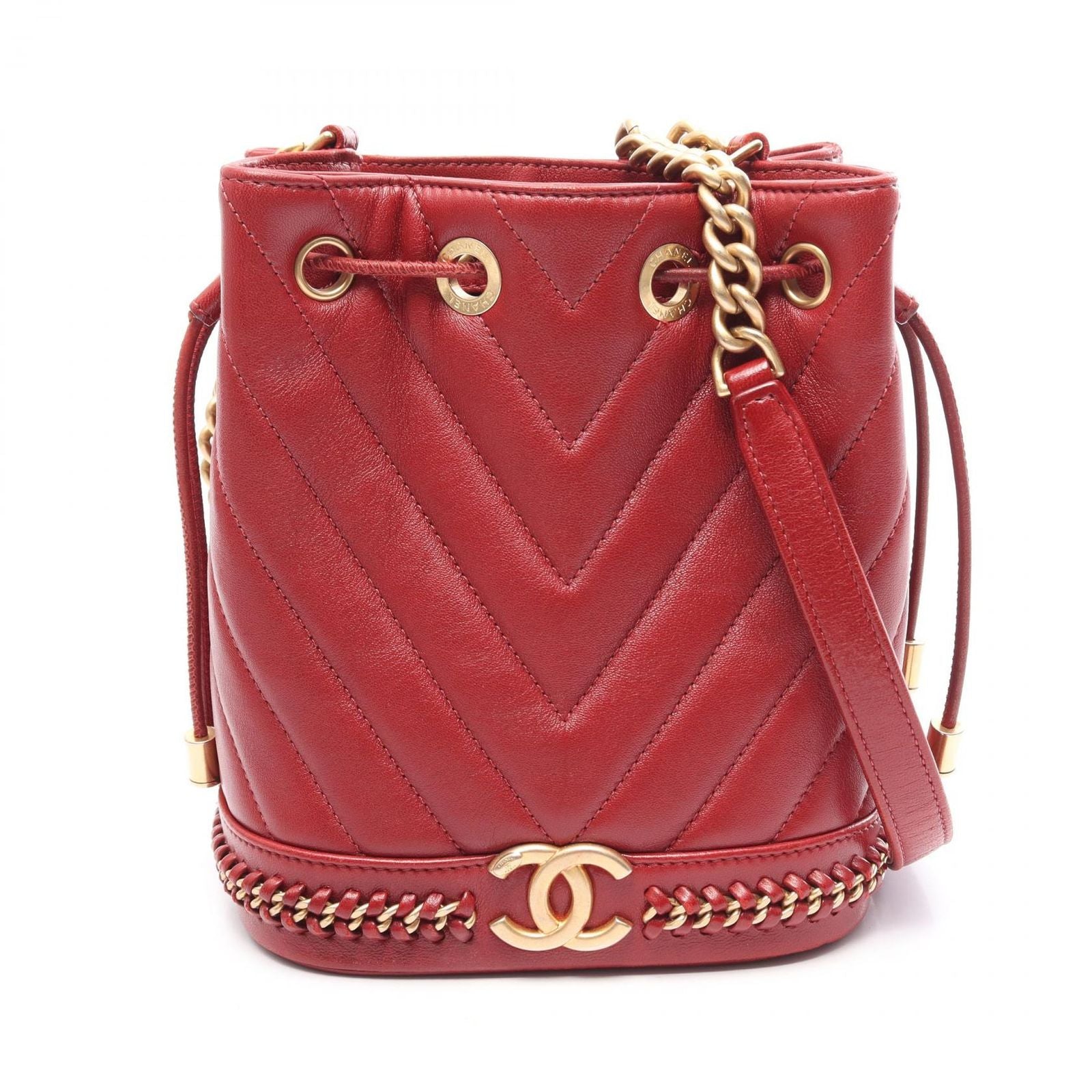 Chanel Shoulder Bag Chez Blanc Stitch Drawstring Wine Red Leather