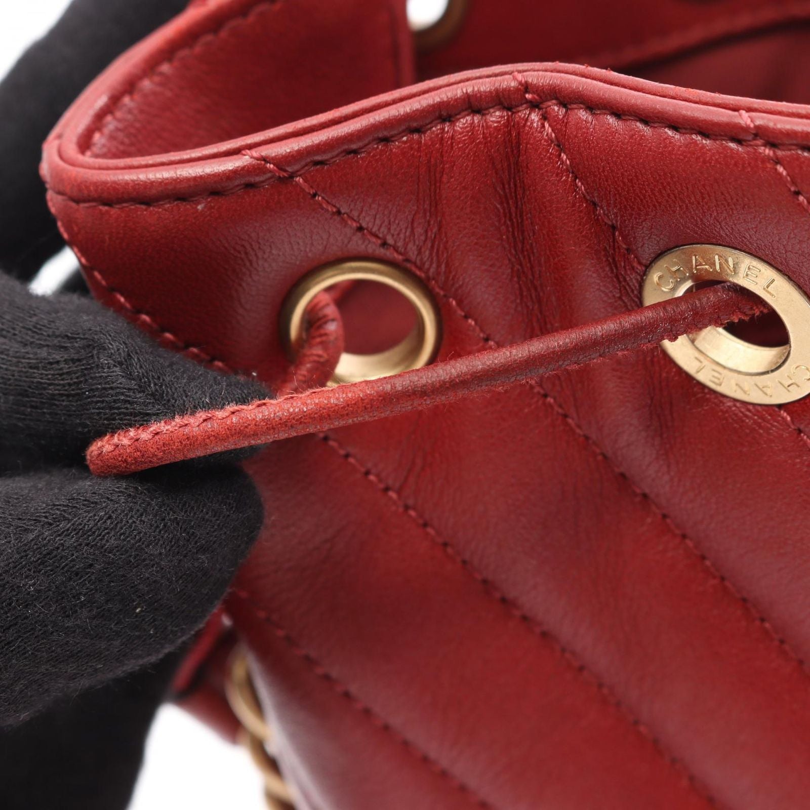 Chanel Shoulder Bag Chez Blanc Stitch Drawstring Wine Red Leather — view 9