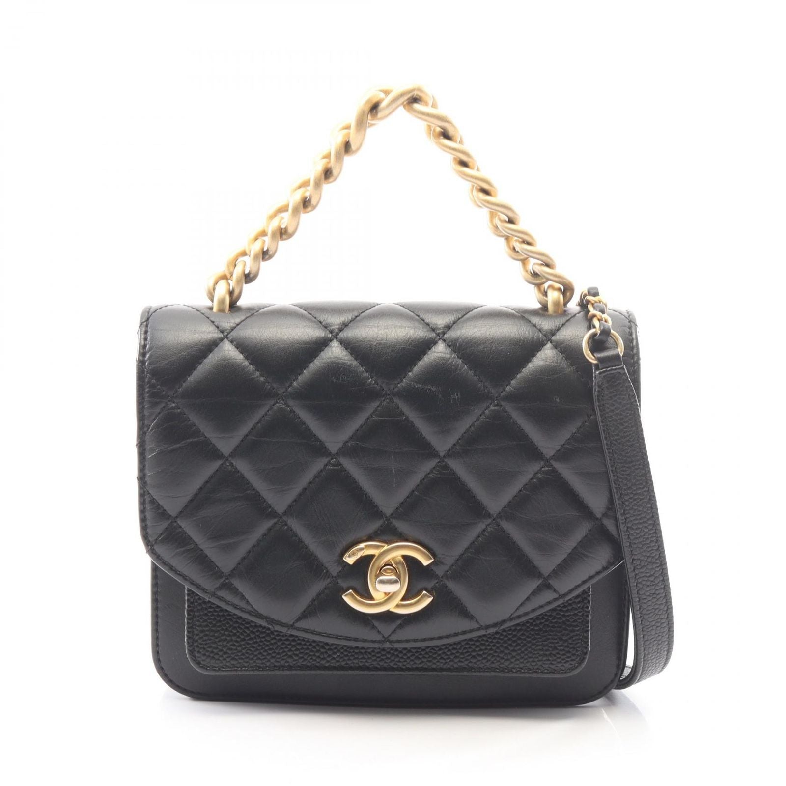 Chanel Shoulder Bag Quilted 2-Way Black Leather Caviar Small Chain