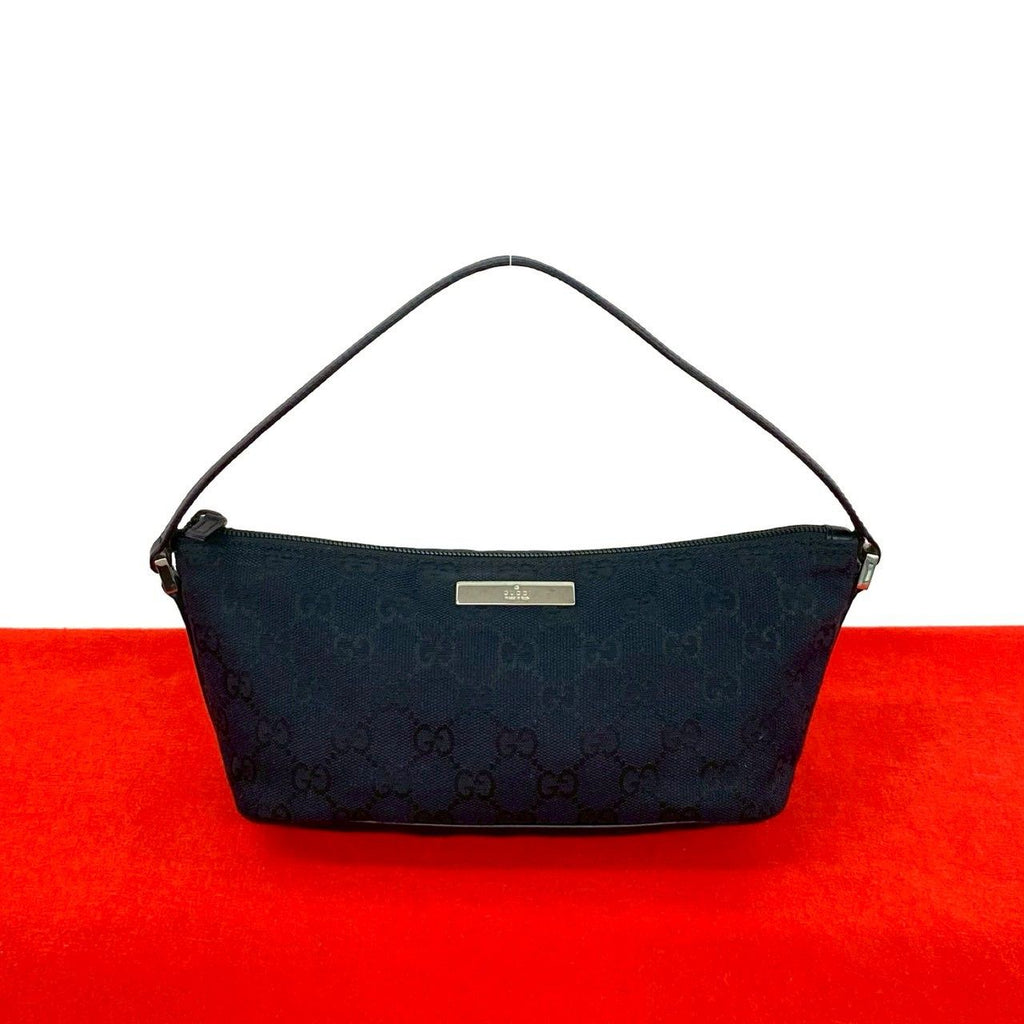 Gucci Logo Plate GG Pattern Canvas Leather Mini Handbag Pouch Black