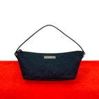 Gucci Logo Plate GG Pattern Canvas Leather Mini Handbag Pouch Black