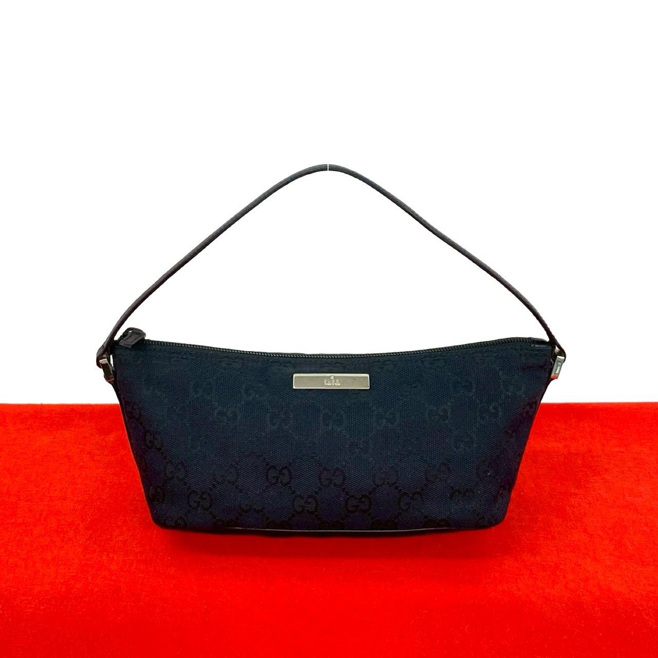 Gucci Logo Plate GG Pattern Canvas Leather Mini Handbag Pouch Black