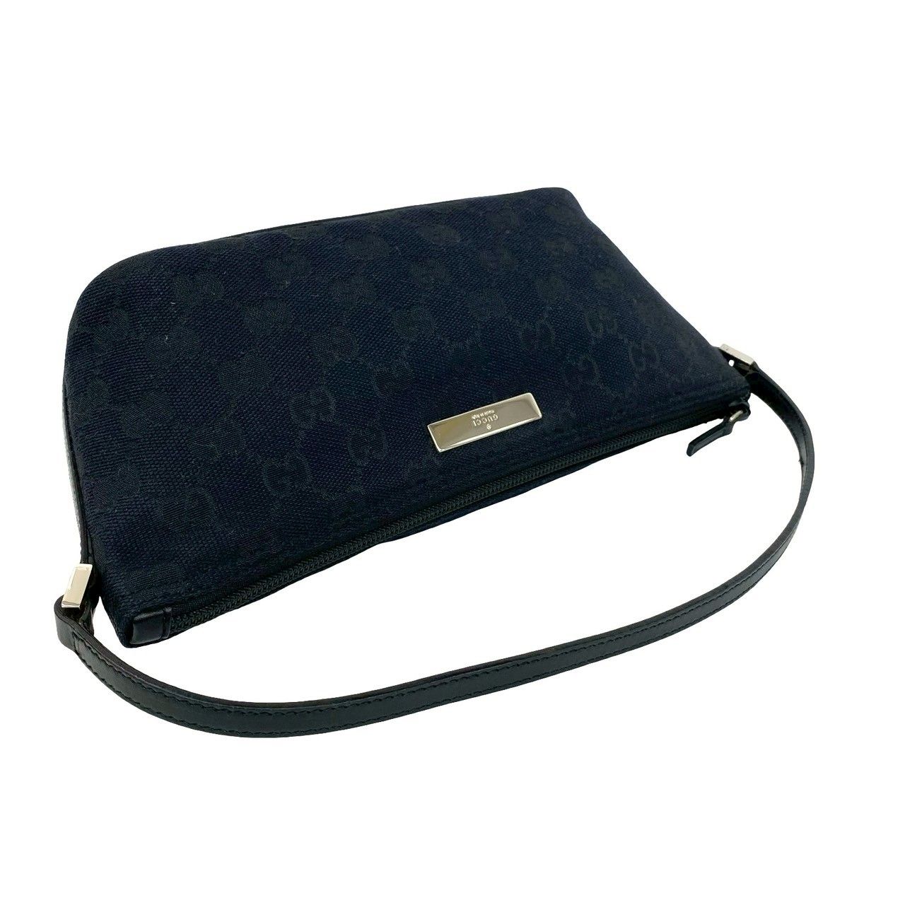 Gucci Logo Plate GG Pattern Canvas Leather Mini Handbag Pouch Black — view 4