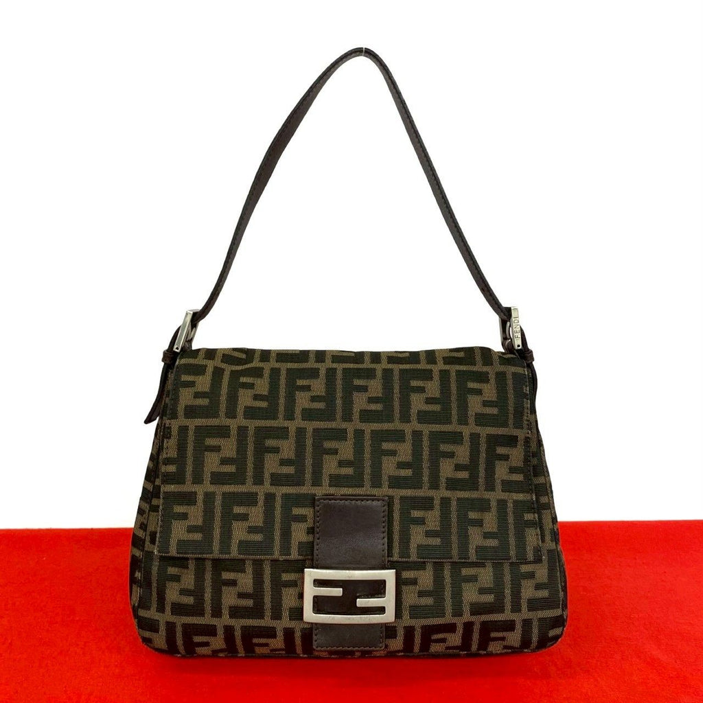 Fendi Mamma Bucket Zucca FF Pattern Canvas Leather Shoulder Bag Tote Brown