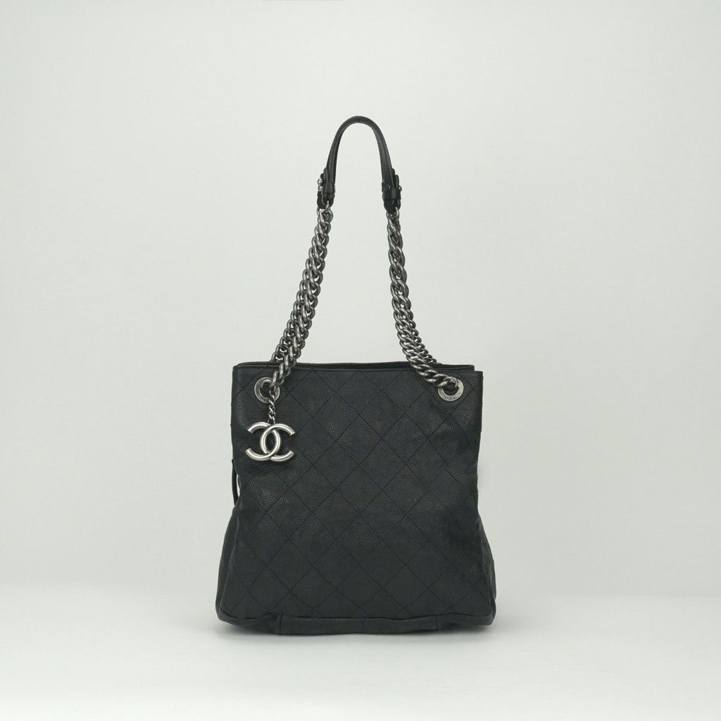 Chanel Quilted Tote Shoulder Bag Caviar Leather Black Silver Chain