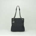 Chanel Quilted Tote Shoulder Bag Caviar Leather Black Silver Chain